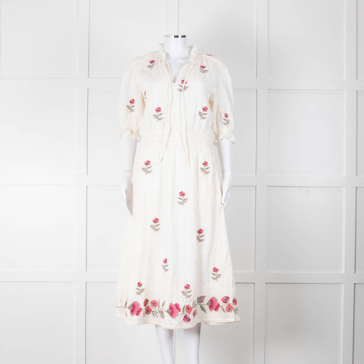 MABE Cream Floral Embroidery Midi Dress