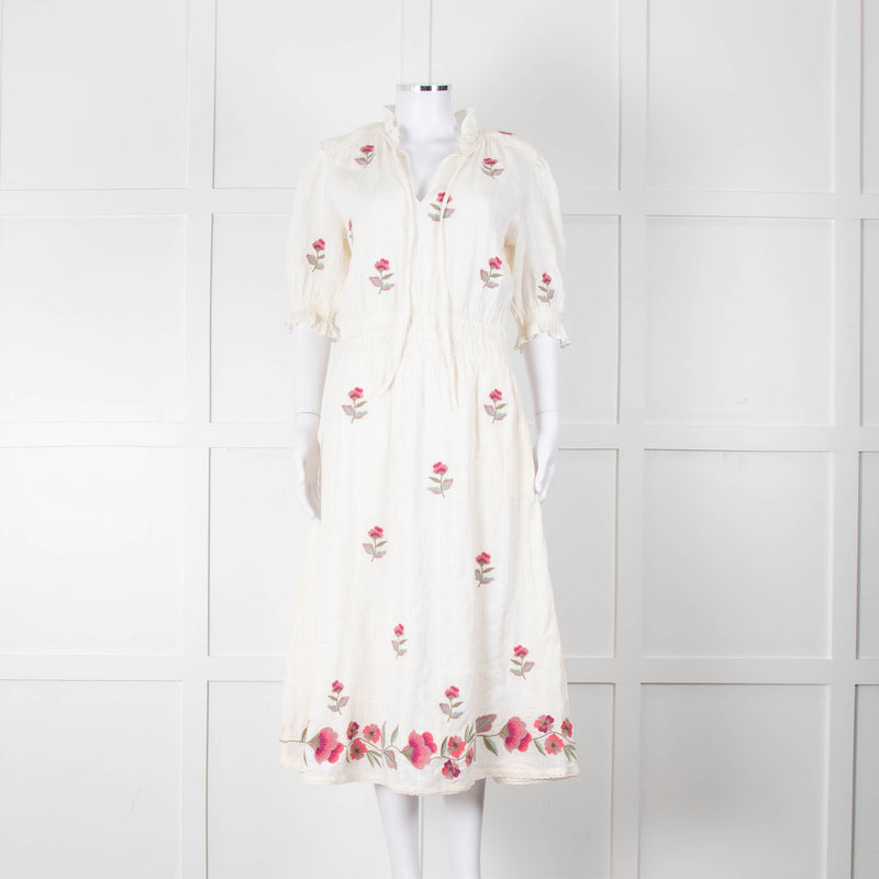 MABE Cream Floral Embroidery Midi Dress
