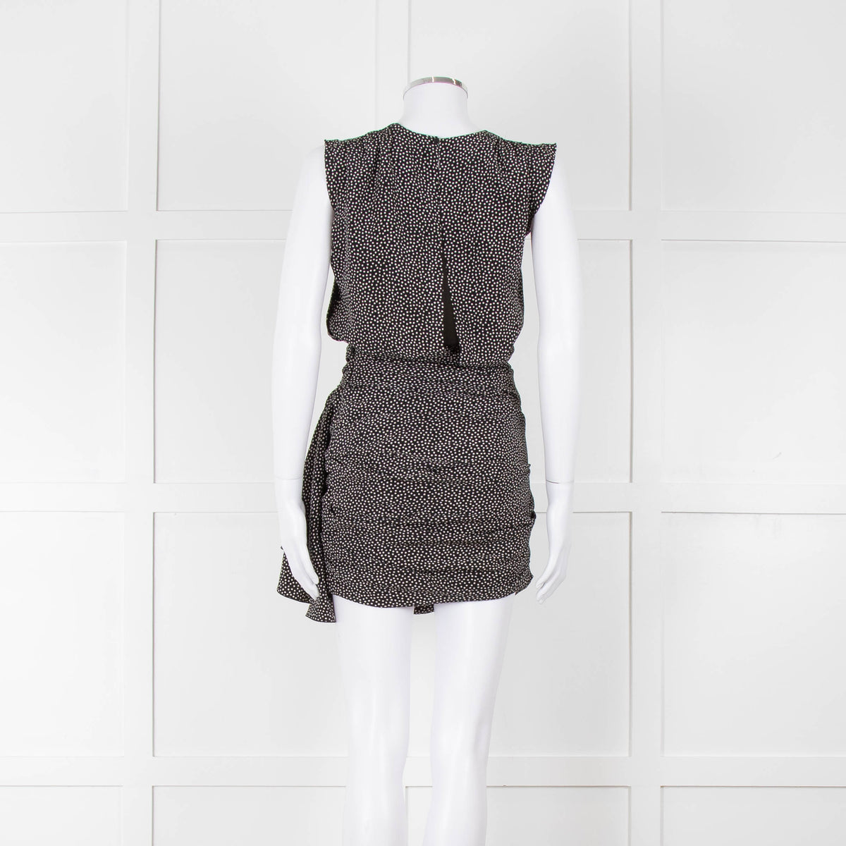 Saint Laurent Black White Polka Dot Gathered Sleeveless Mini Dress