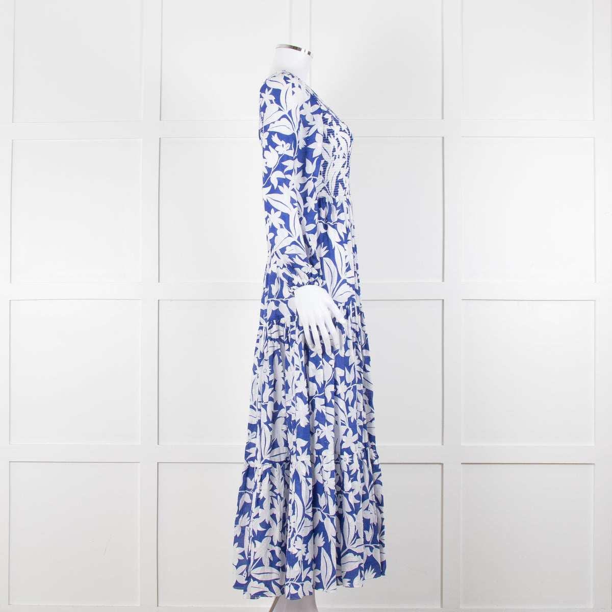 Rixo Blue White  Floral Print Tiered  Maxi Dress