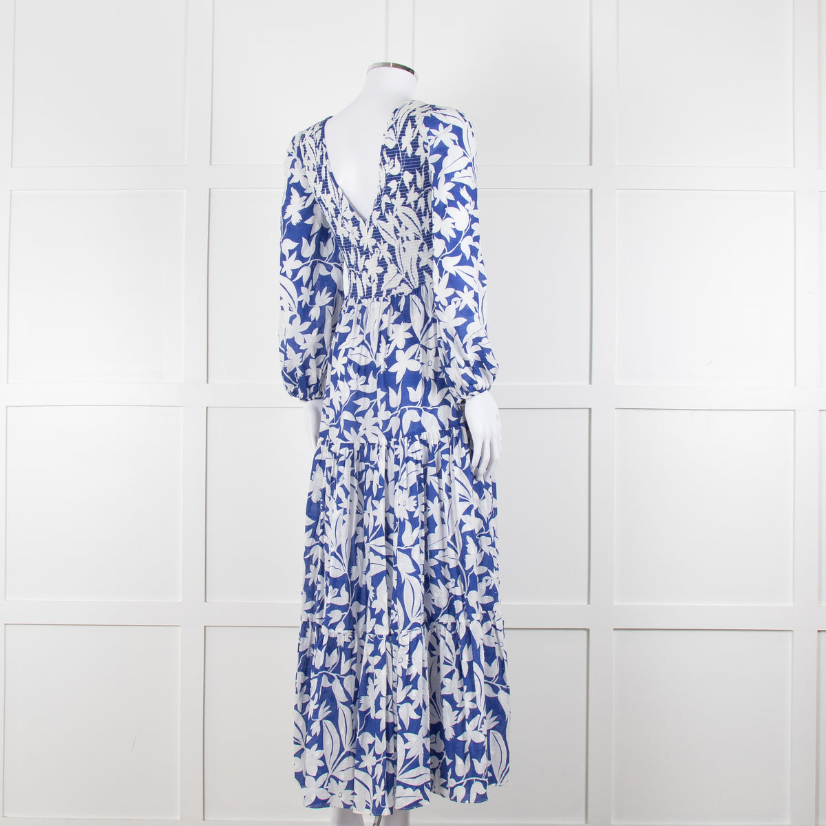 Rixo Blue White  Floral Print Tiered  Maxi Dress