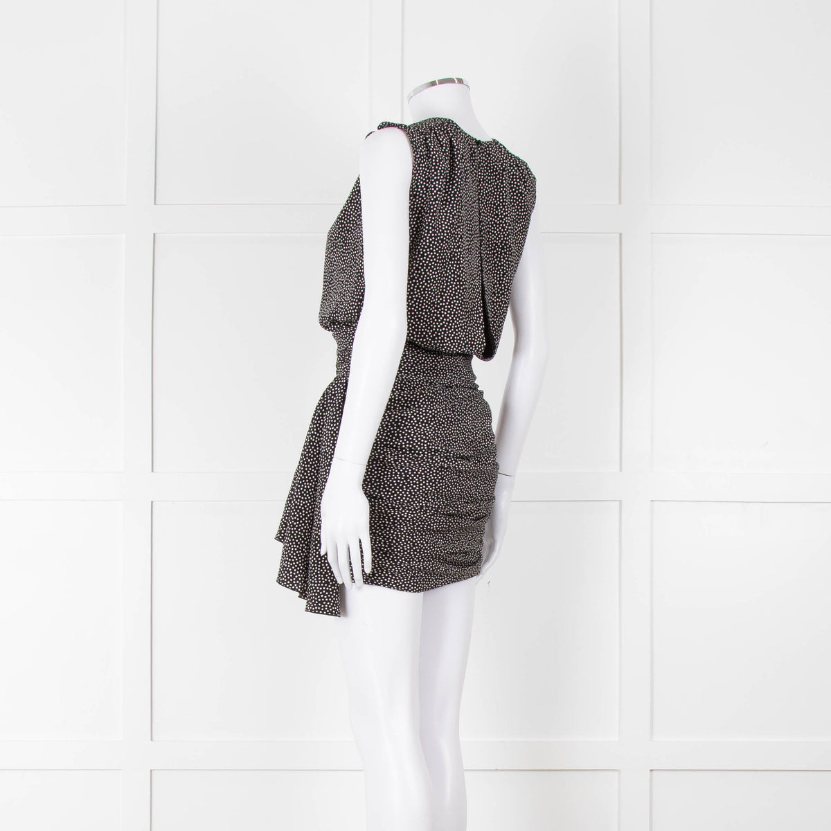 Saint Laurent Black White Polka Dot Gathered Sleeveless Mini Dress