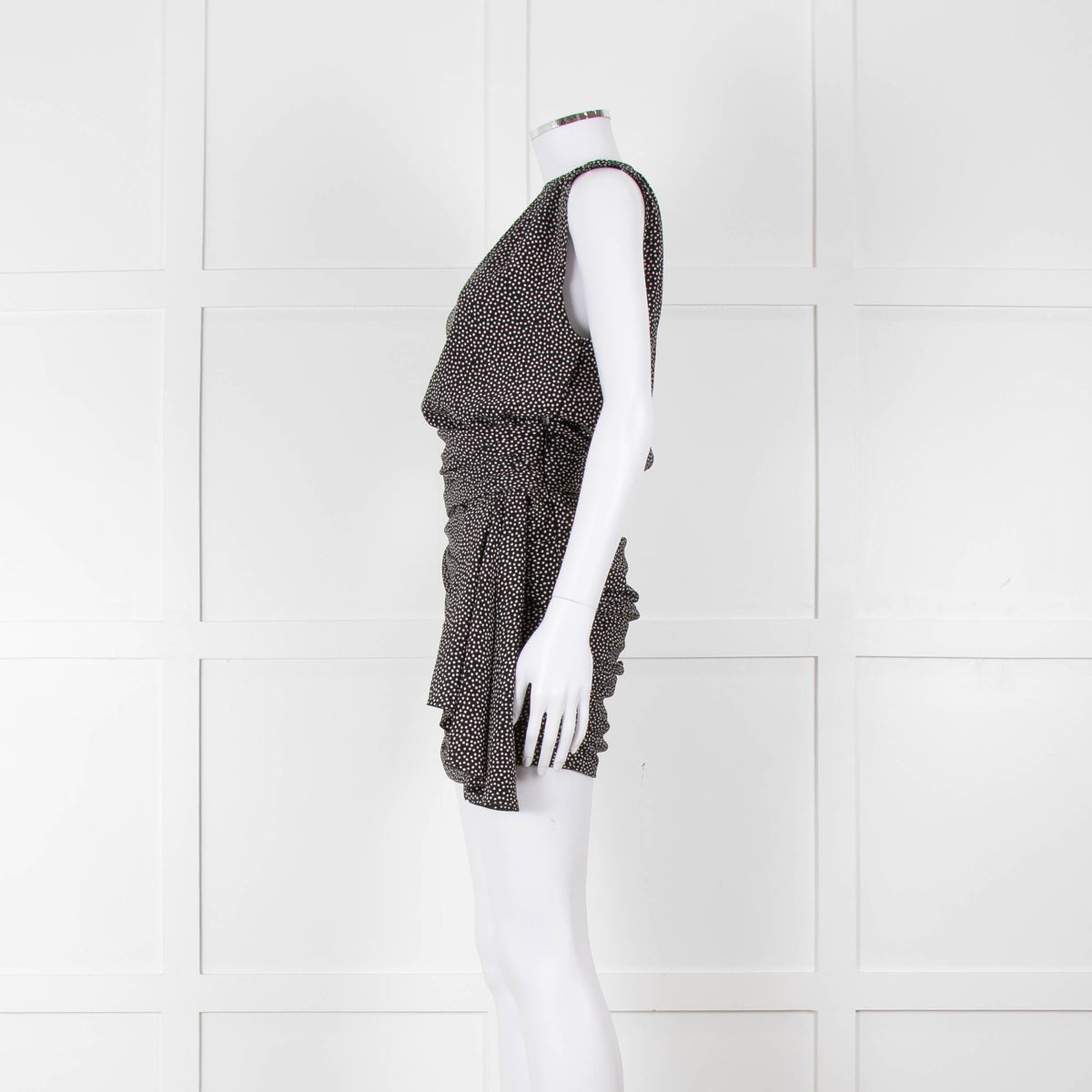 Saint Laurent Black White Polka Dot Gathered Sleeveless Mini Dress