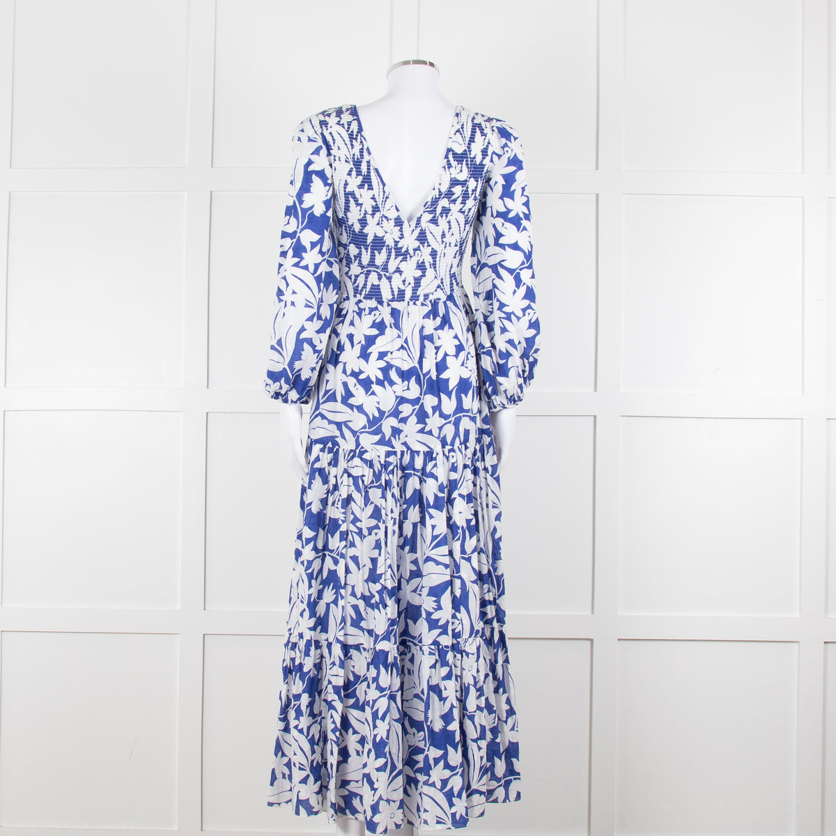 Rixo Blue White  Floral Print Tiered  Maxi Dress