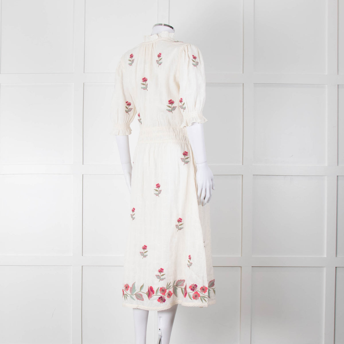 MABE Cream Floral Embroidery Midi Dress