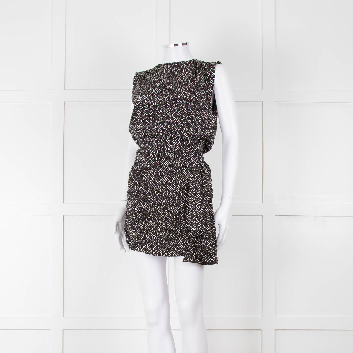 Saint Laurent Black White Polka Dot Gathered Sleeveless Mini Dress
