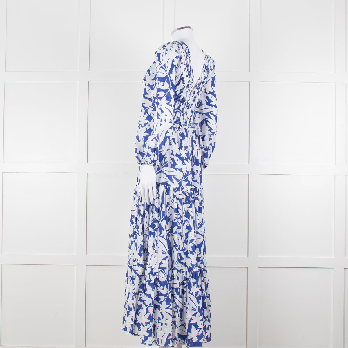 Rixo Blue White  Floral Print Tiered  Maxi Dress
