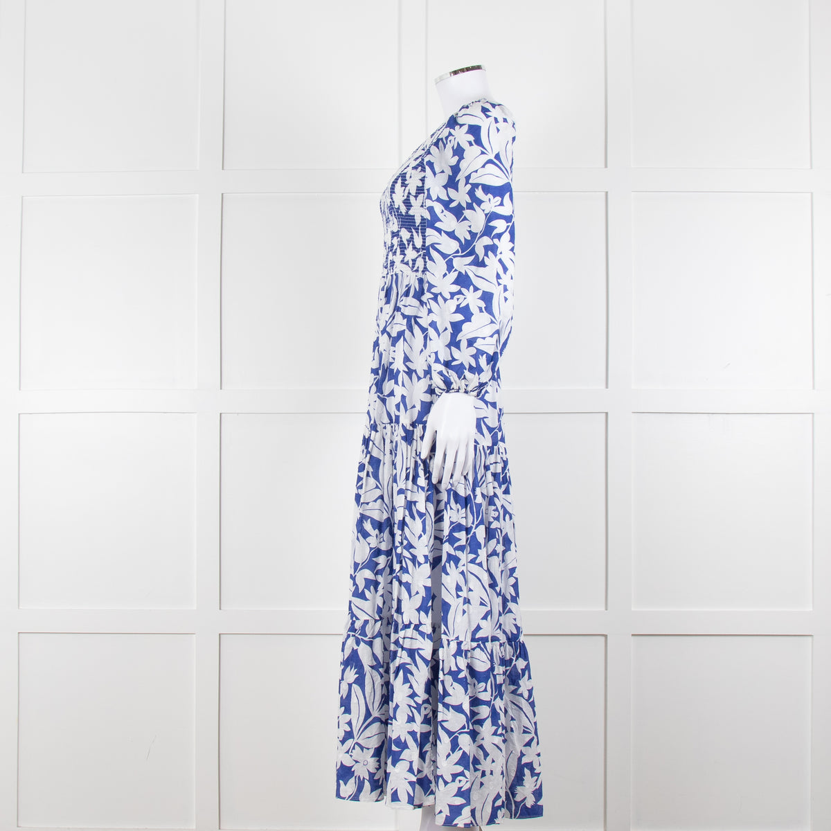 Rixo Blue White  Floral Print Tiered  Maxi Dress