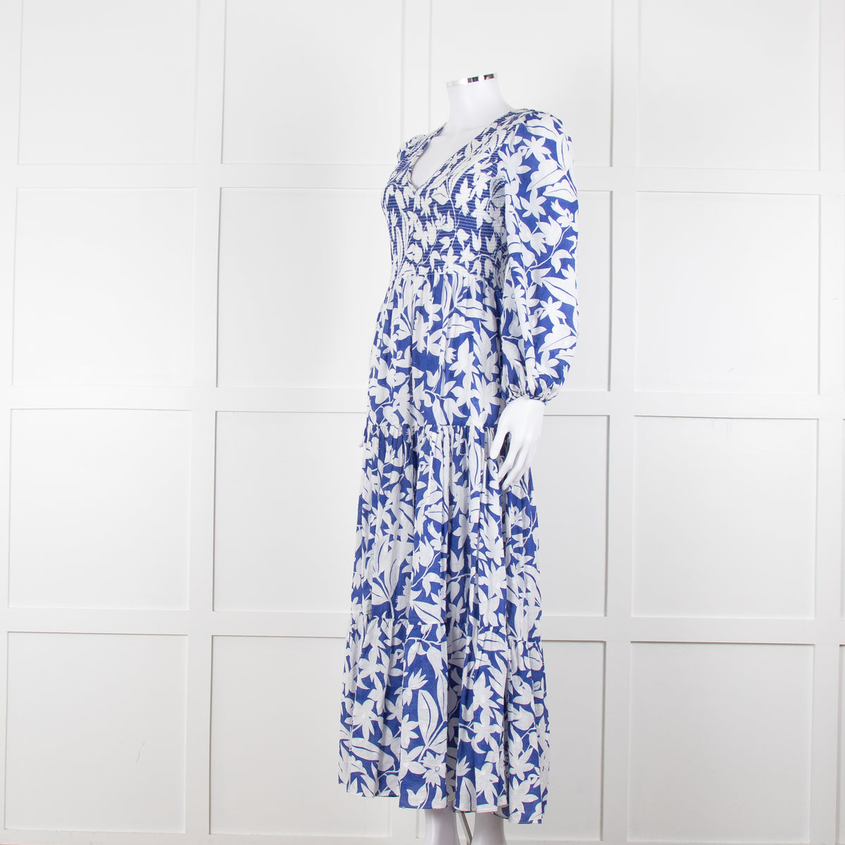 Rixo Blue White  Floral Print Tiered  Maxi Dress