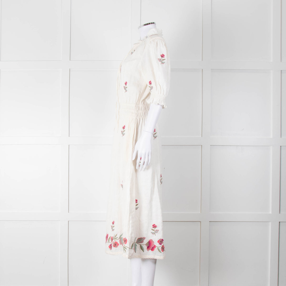MABE Cream Floral Embroidery Midi Dress