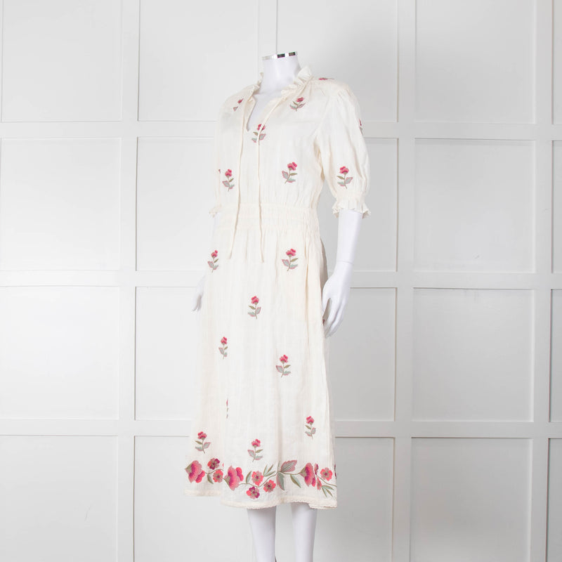 MABE Cream Floral Embroidery Midi Dress