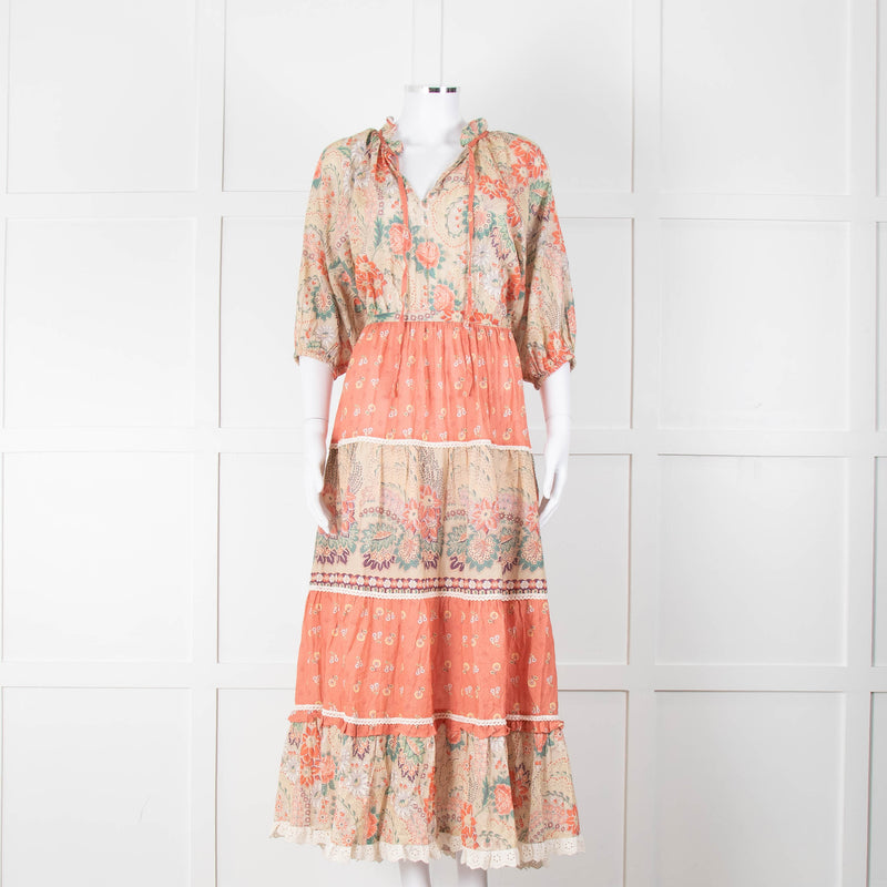 MABE Cotton Peach and Green Floral Midi Dress