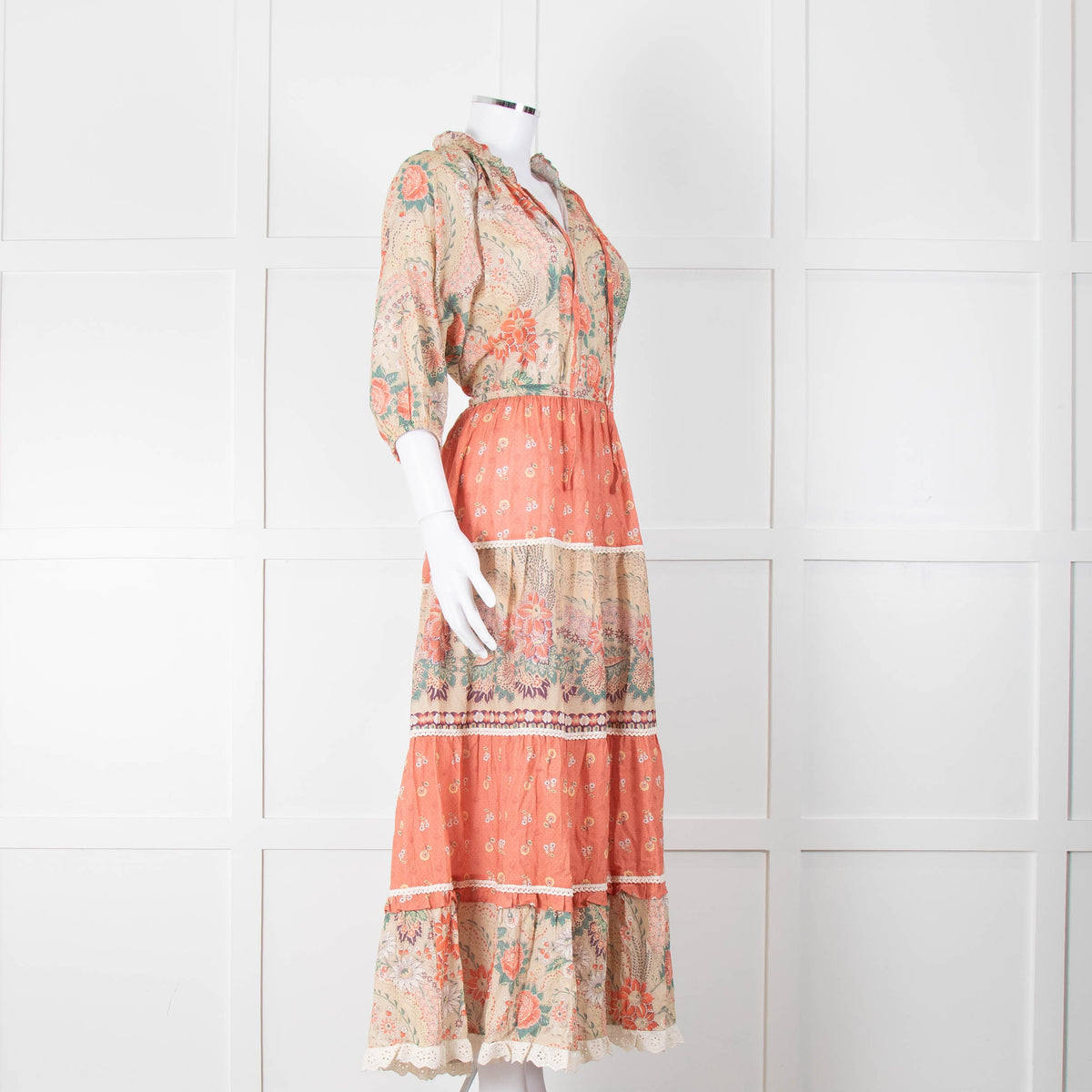 MABE Cotton Peach and Green Floral Midi Dress
