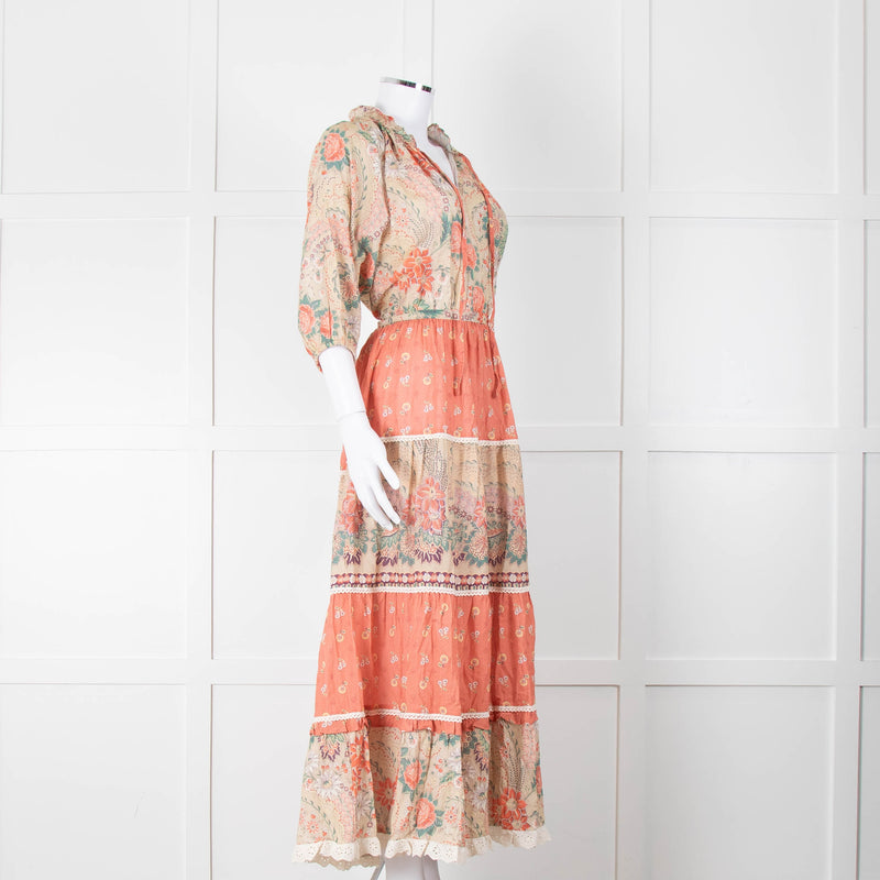 MABE Cotton Peach and Green Floral Midi Dress