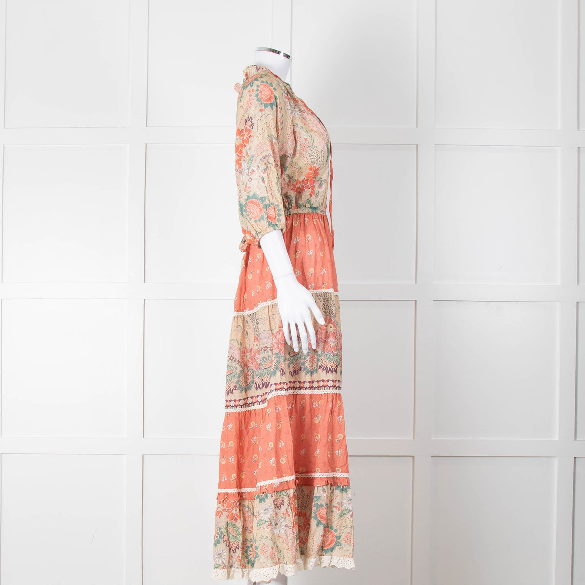 MABE Cotton Peach and Green Floral Midi Dress