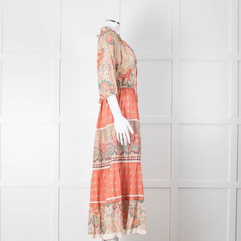 MABE Cotton Peach and Green Floral Midi Dress