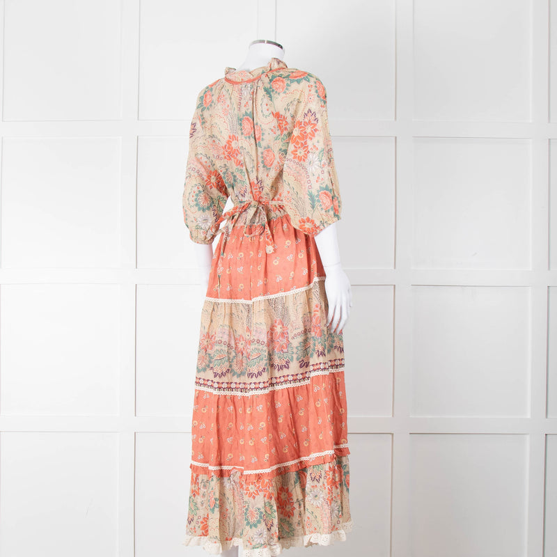 MABE Cotton Peach and Green Floral Midi Dress