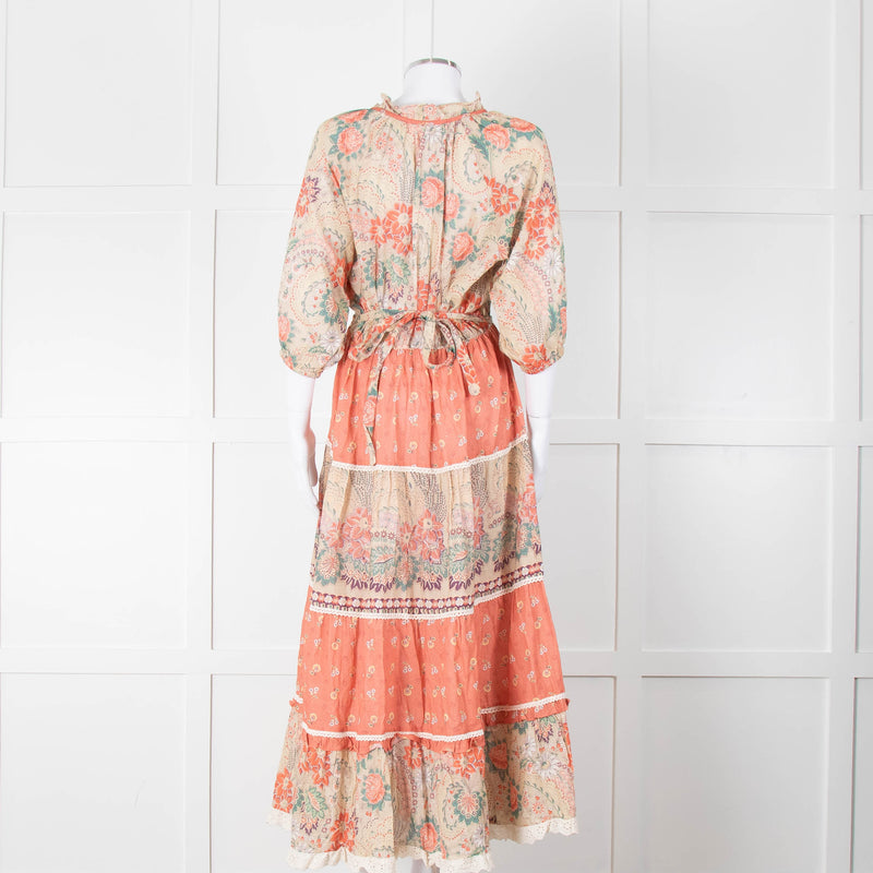 MABE Cotton Peach and Green Floral Midi Dress
