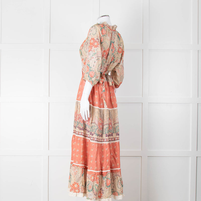 MABE Cotton Peach and Green Floral Midi Dress