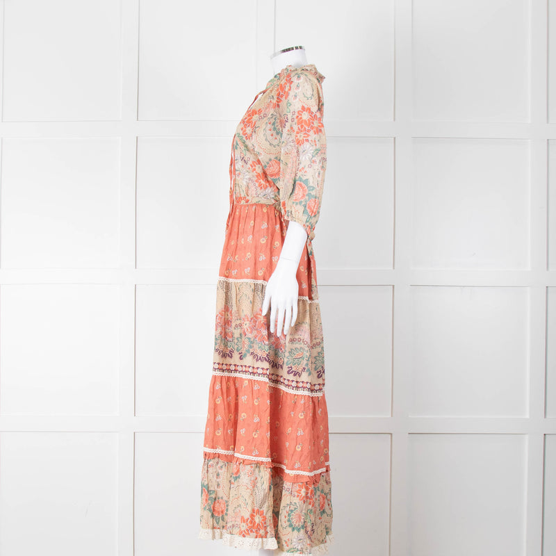 MABE Cotton Peach and Green Floral Midi Dress