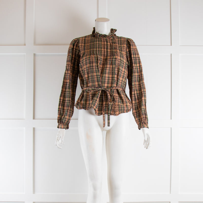 Doen Tan & Green Check Blouse with Waist Tie