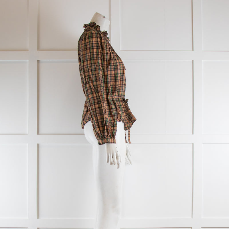 Doen Tan & Green Check Blouse with Waist Tie