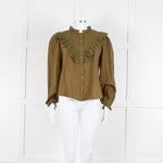 By Iris Khaki Broidery Anglaises Trimmed Blouse