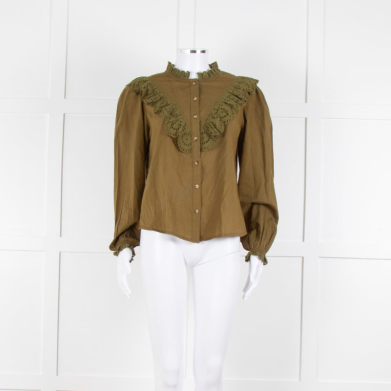 By Iris Khaki Broidery Anglaises Trimmed Blouse
