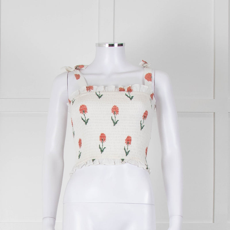 Kapara Smocked White Top with Red Flowers and Tie Shoulder