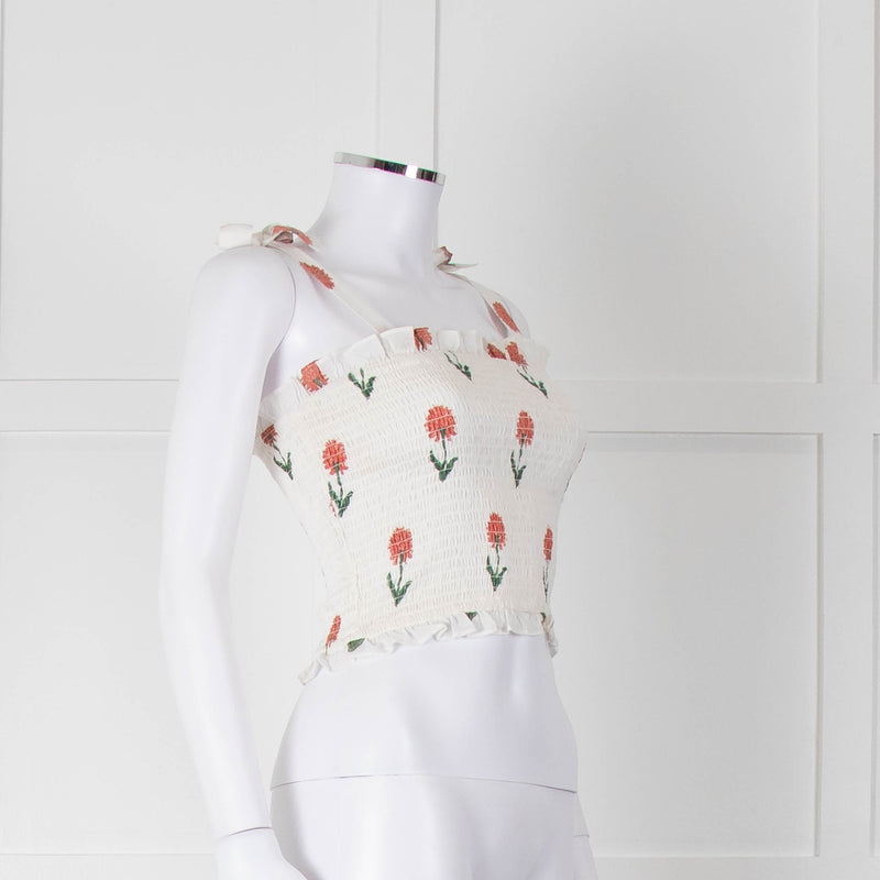 Kapara Smocked White Top with Red Flowers and Tie Shoulder