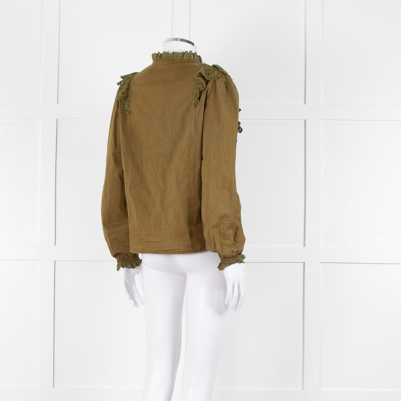 By Iris Khaki Broidery Anglaises Trimmed Blouse