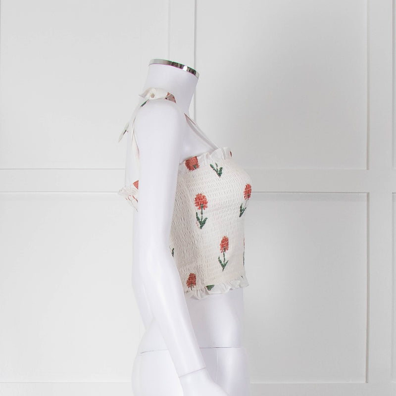 Kapara Smocked White Top with Red Flowers and Tie Shoulder