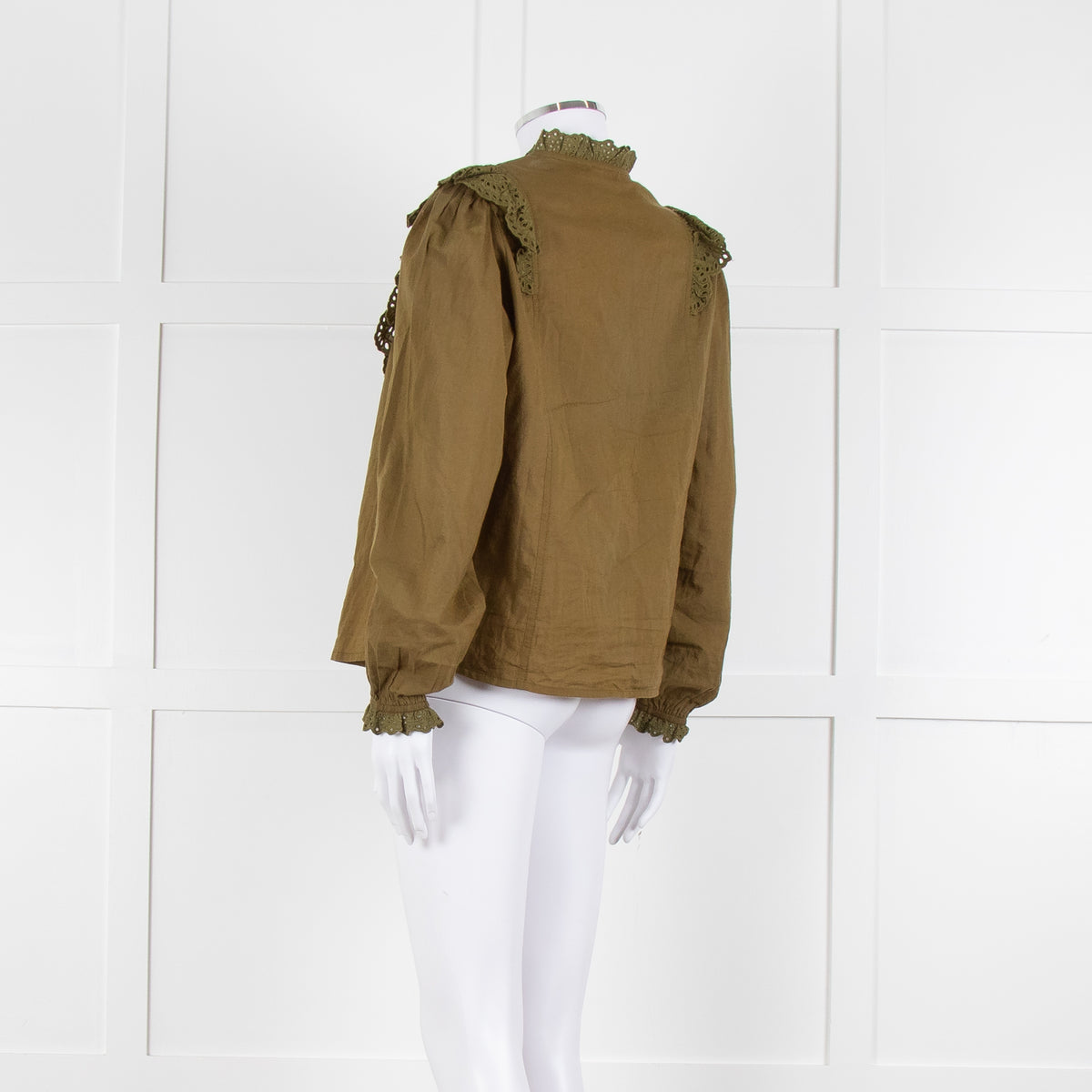 By Iris Khaki Broidery Anglaises Trimmed Blouse