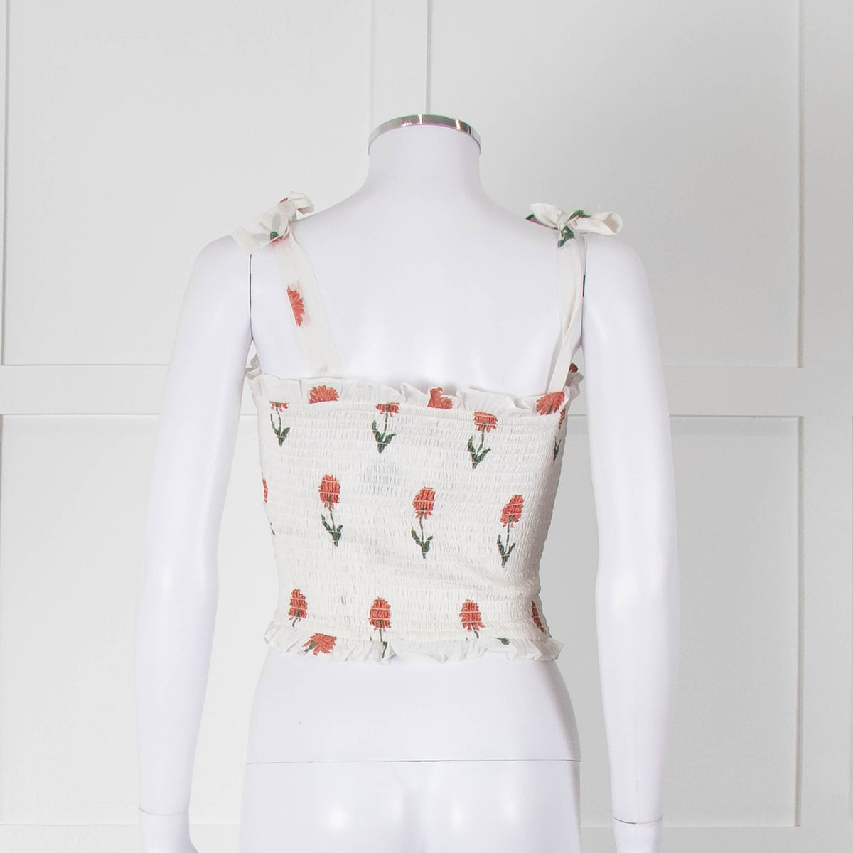 Kapara Smocked White Top with Red Flowers and Tie Shoulder