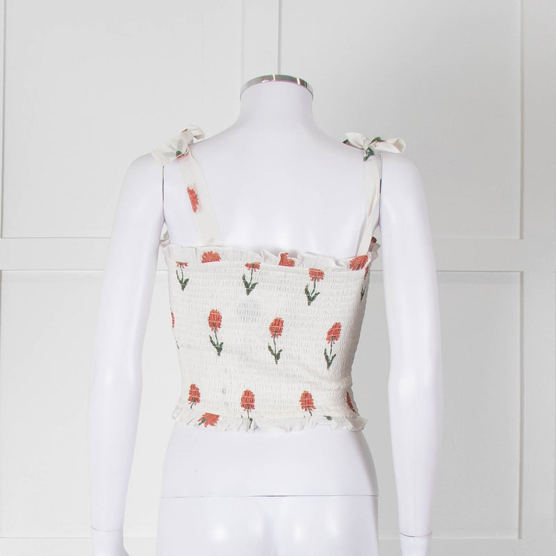 Kapara Smocked White Top with Red Flowers and Tie Shoulder