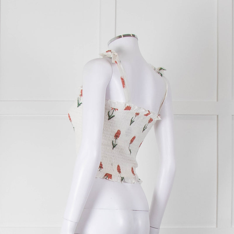 Kapara Smocked White Top with Red Flowers and Tie Shoulder