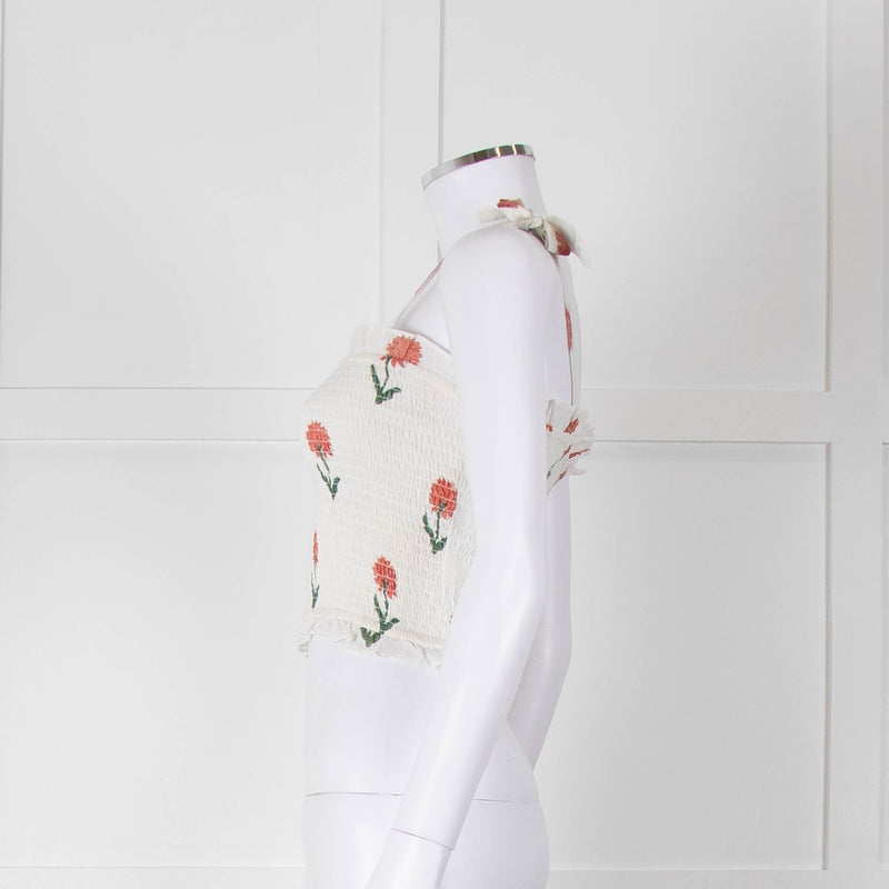 Kapara Smocked White Top with Red Flowers and Tie Shoulder
