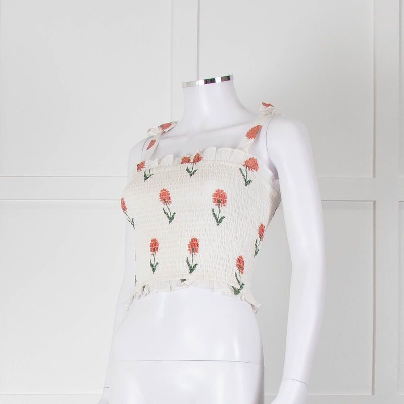 Kapara Smocked White Top with Red Flowers and Tie Shoulder