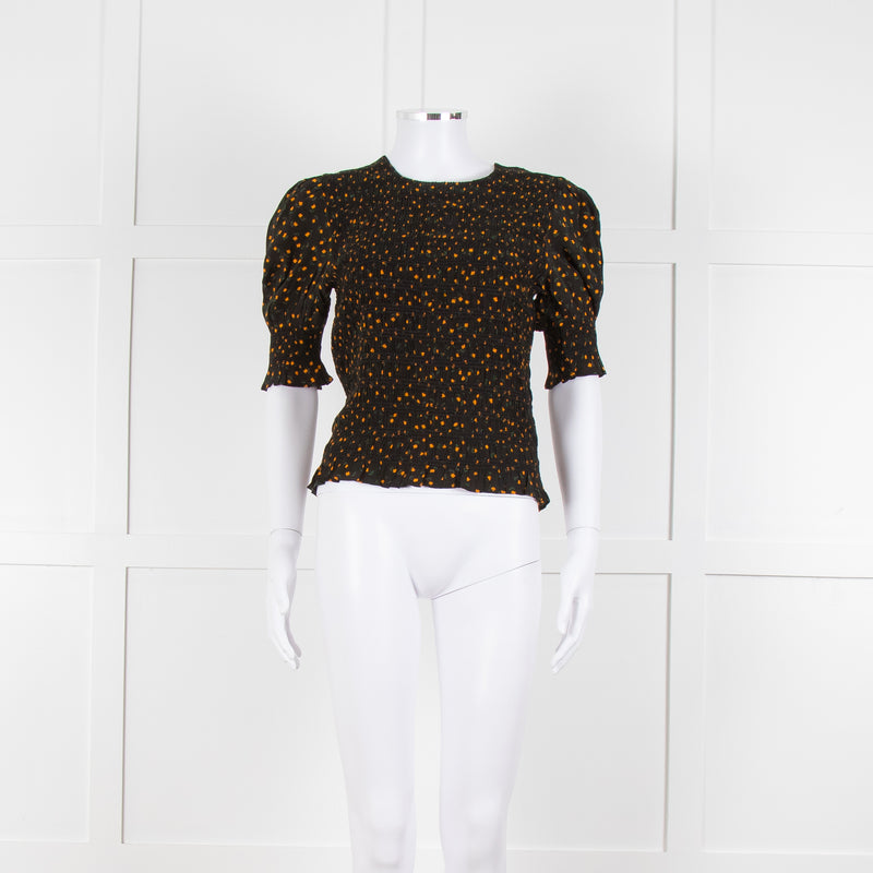 By Iris Black Yellow Green Floral Print Smocking Detail Top