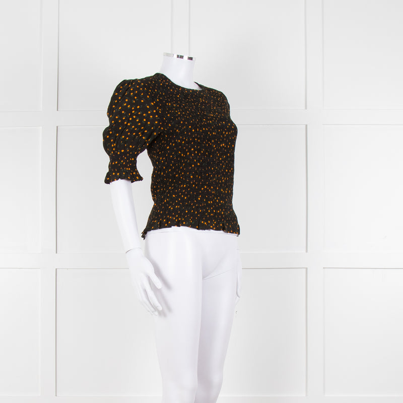 By Iris Black Yellow Green Floral Print Smocking Detail Top