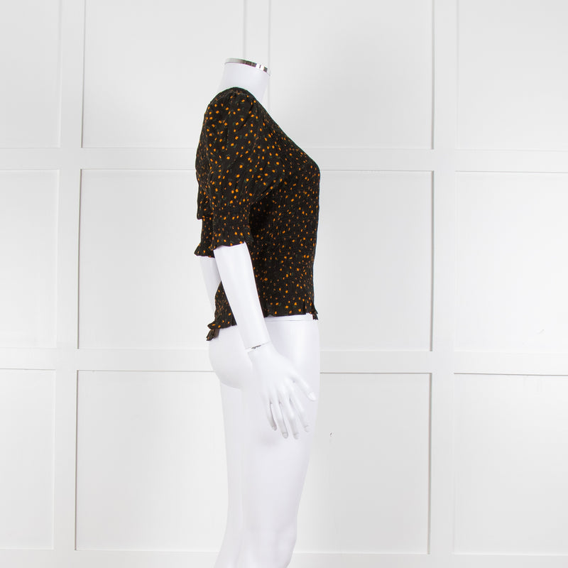 By Iris Black Yellow Green Floral Print Smocking Detail Top