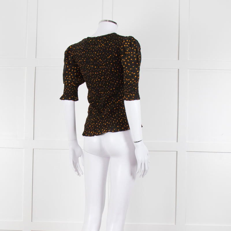 By Iris Black Yellow Green Floral Print Smocking Detail Top