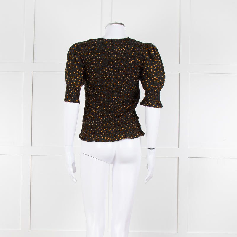 By Iris Black Yellow Green Floral Print Smocking Detail Top