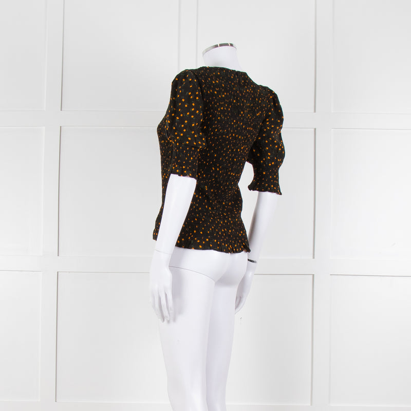 By Iris Black Yellow Green Floral Print Smocking Detail Top