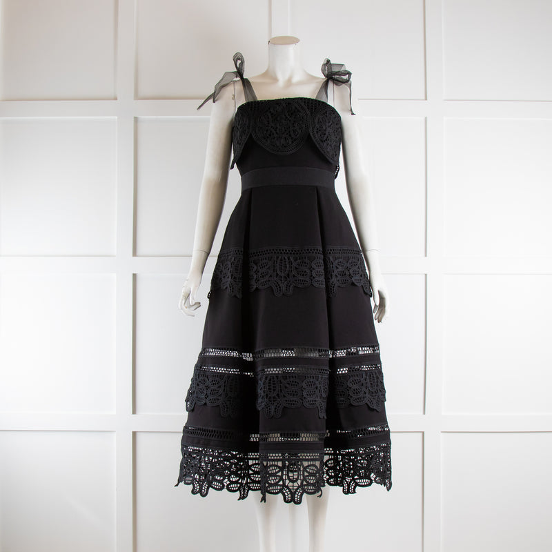 Self Portrait Black Guipure Trimmed Dress with Bow Straps