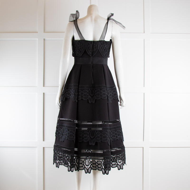 Self Portrait Black Guipure Trimmed Dress with Bow Straps