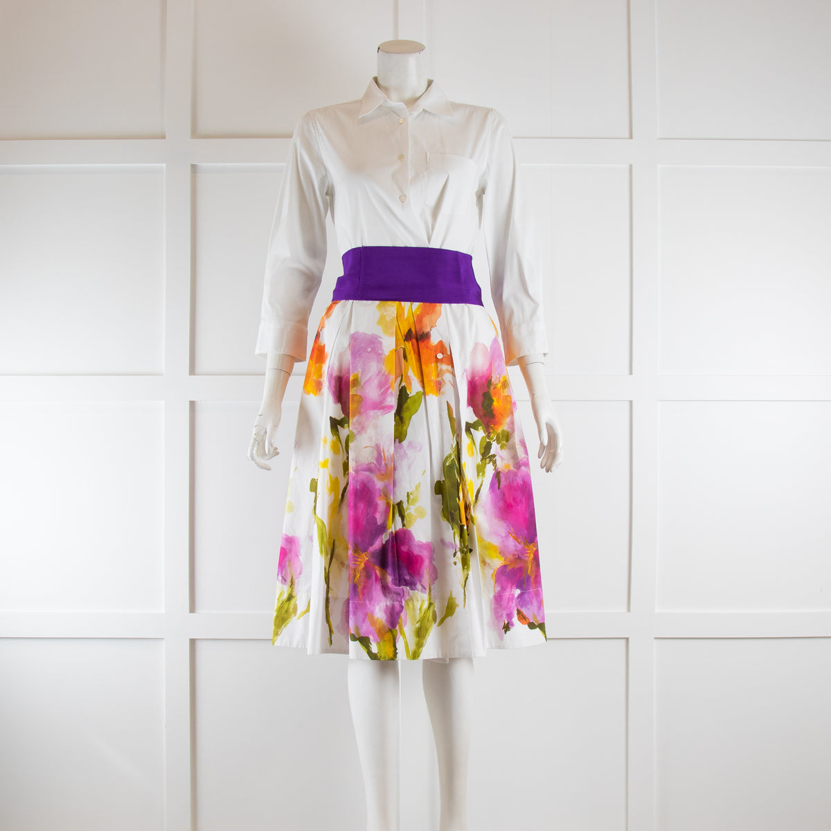 Sara Roka White Shirt Dress with Floral Skirt with Sash Belt