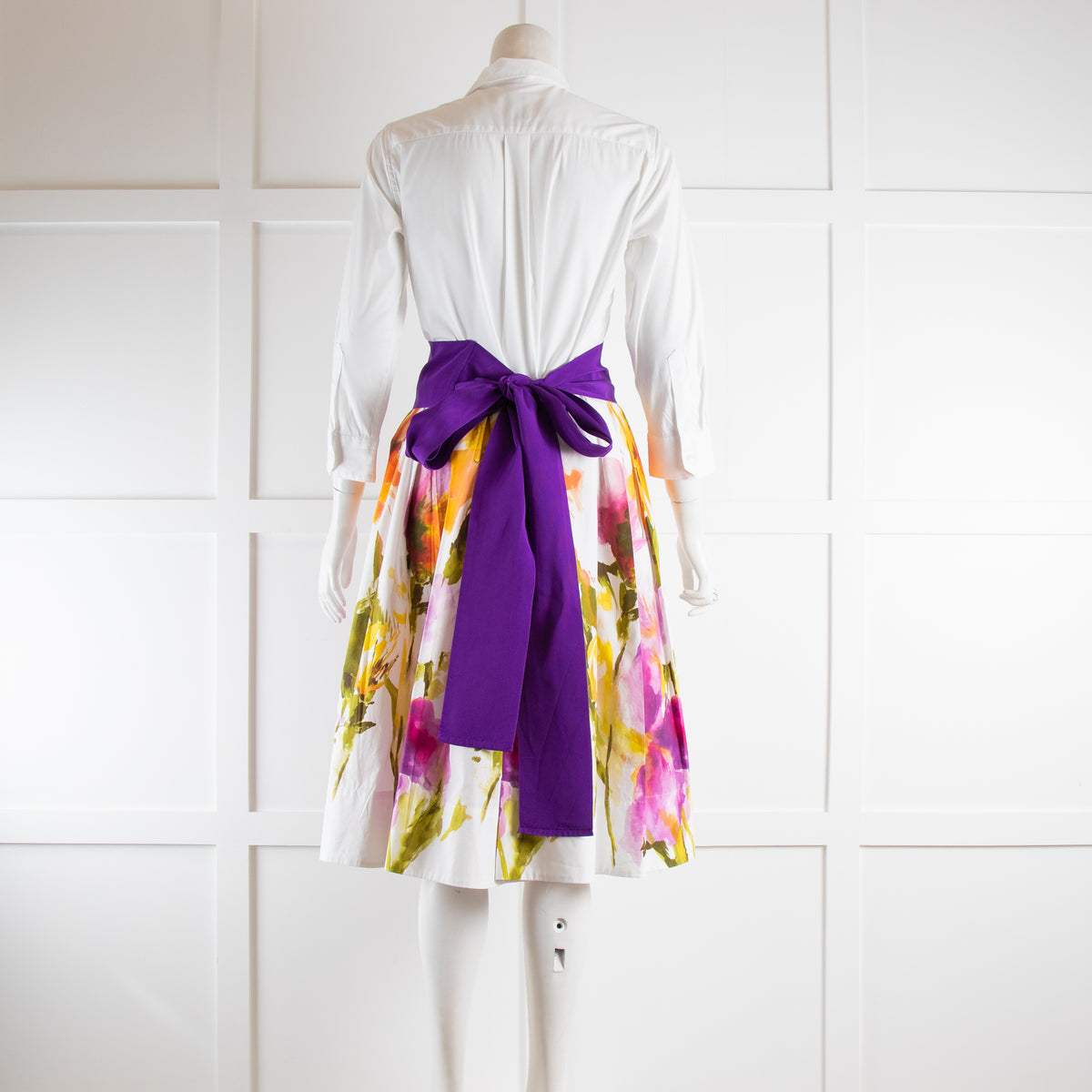 Sara Roka White Shirt Dress with Floral Skirt with Sash Belt
