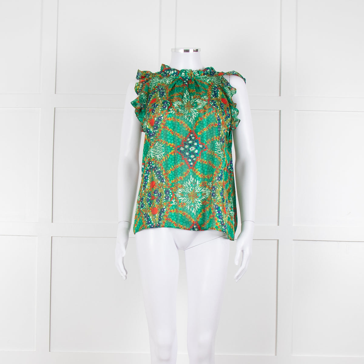 Ba&sh Green Red Blue Floral Lurex Sleeveless Frilled Top