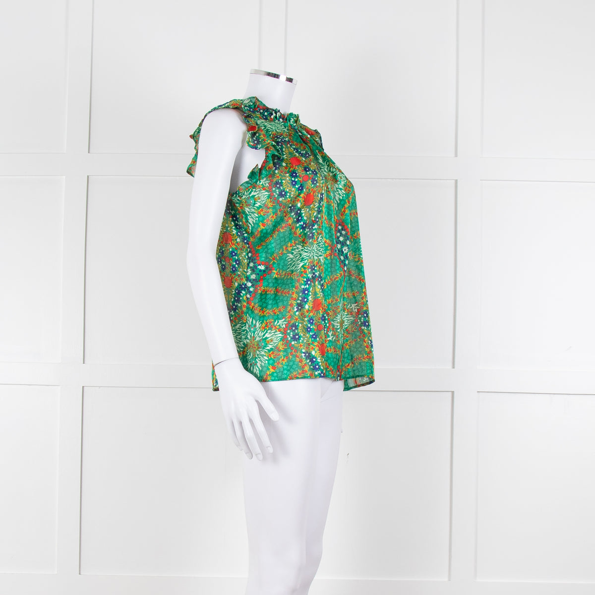 Ba&sh Green Red Blue Floral Lurex Sleeveless Frilled Top